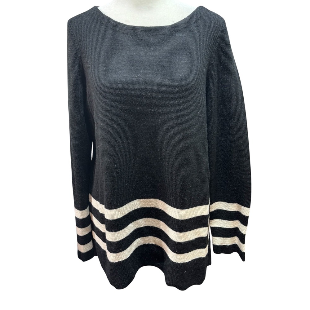 LOFT Black Striped Wool Blend Crew Neck Long Sleeve Sweater Large #578
